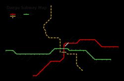대구 도시철도 노선도. 빨간색 선은 1호선, 초록색 선은 2호선이다.