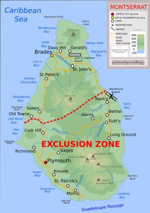 몬세랫 지도. 브레이즈 지역과 제외구역이 표시되어 있다.