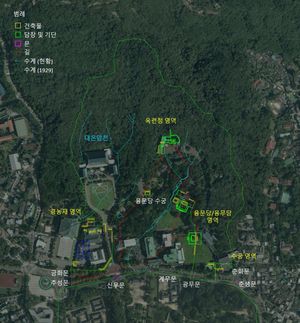 2023년의 모습과 과거 경복궁 후원 시절의 모습을 겹쳐둔 지도. (문화재청 제공)