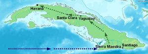 1956년 말 반군이 그란마 호에 도착한 쿠바 지도, 시에라 마에스트라 산맥 반군 거점, 그리고 1958년 12월 게바라와 시엔푸에고스가 라스빌라스 주를 거쳐 아바나로 향한 경로