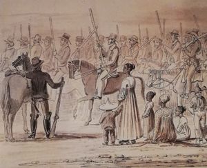 1846년 제7차 코사 전쟁 당시 작전을 위해 집결한 케이프 기마 부르거(Cape Mounted Burghers) 또는 "코만도(kommando)". 이 용어는 원래 이러한 유형의 부어르 기마 보병을 가리켰다.