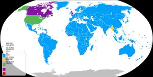 2023년 기준 전 세계 각국이 사용하는 도량형을 정리한 지도. 파랑은 미터법 사용 국가, 녹색은 미국 단위계 사용 국가, 보라는 제국 단위계와 미터법 혼용 국가이다.