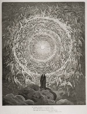 Engraving showing two small silhouettes standing before a tunnel of innumerably manifold circling angels leading to a bright, beautiful light at the end.