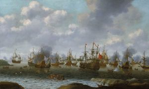 피터 코르넬리츠 반 소스트의 1667년경 작품, Dutch Attack on the Medway, June 1667. 네덜란드 함대의 메드웨이 습격 장면으로, 중앙 오른쪽에 나포된 로열 찰스 호가 보인다.