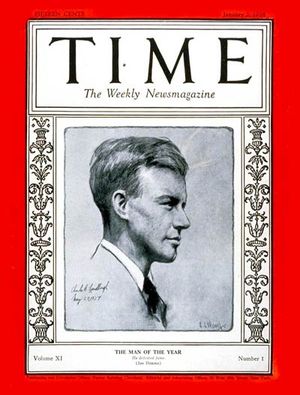 1927년 타임지 올해의 인물 표지. 초대 수상자인 찰스 린드버그가 실렸다.