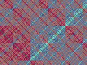 해밍 거리의 2차원 시각화. 각 픽셀의 색상은 16색 시스템에서 x 및 y 좌표의 이진 표현 간의 해밍 거리(16을 법으로 하는 모듈로 연산)를 나타냅니다.