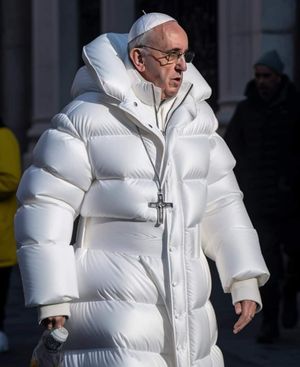 미드저니(Midjourney)로 제작되어 2023년 입소문을 탄 프란치스코 교황의 가짜 숏패딩 착용 이미지.