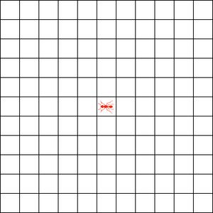 랭턴의 개미의 첫 200번째 단계까지의 시뮬레이션이다.