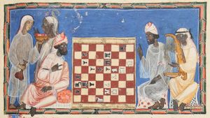 1283년경. 알폰소 10세의 『체스, 주사위, 그리고 보드 게임의 책』의 미니어처. 체스를 두는 아프리카 무슬림.