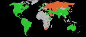 1948년 유엔 총회 세계인권선언 표결 결과. 녹색: 찬성, 주황색: 기권, 검은색: 불참, 회색: 당시 유엔 비회원국.