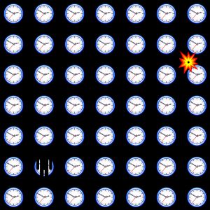 그림 1-1. 시공간의 각 위치는 기준틀에 의해 정의된 네 개의 숫자로 표시된다. 즉, 공간의 위치와 시간이다. 이것은 공간의 각 위치에 있는 시계의 눈금으로 시각화할 수 있다. '관찰자'는 자신의 기준틀에 따라 시계를 동기화한다.