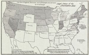 1929년 스웨덴 왕립 위원회 보고서 지도 - 강제 불임법 시행 미국 주 표시