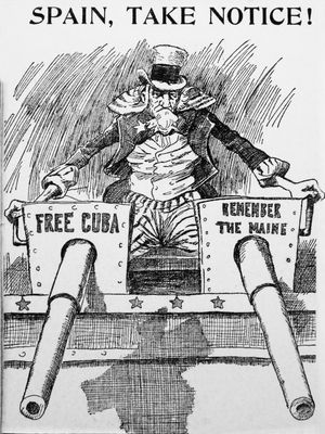 1898년경 호전적인 엉클 샘이 스페인에 경고하는 만화