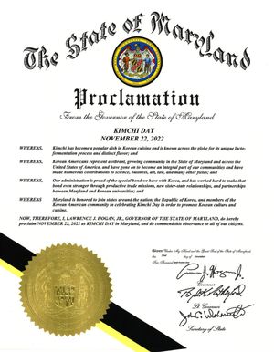 메릴랜드 주지사 래리 호건이 11월 22일을 '김치의 날'로 선포한 선언문 (2022)