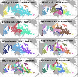 Crandall 등(2019)이 분자 분산 분석(AMOVA)을 사용한 모형 선택으로 검정한 생물지리적 지역 구분. 색상은 체계 내의 서로 다른 지역을 나타냅니다.