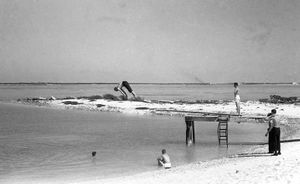 1954년, 휴가 중인 선원들이 웨이크섬 석호에서 휴식을 취하고 있다.