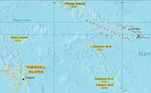 존스턴 환초는 마셜 제도와 하와이 제도 사이에 위치한다.