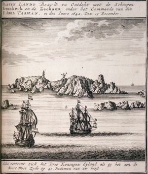 1643년 타스만의 선원 아이작 길세만스가 그린 스케치를 바탕으로 제작된 판화. 북서쪽에서 본 섬들의 모습