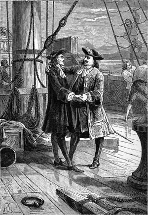 쥘 베른의 작품에 묘사된 윌리엄 댐피어(왼쪽)와 찰스 스완(오른쪽)이 스완의 배 사이그넷호에 탑승한 모습. 댐피어는 1688년 크리스마스 섬을 처음 방문한 사람이다.