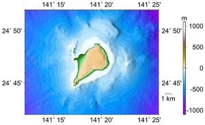 이오지마 주변 수심 지도 (일본 해상보안청 제공)