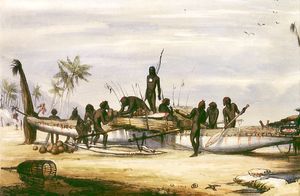 던리 섬(Darnley Island (Queensland))의 무역 카누, 1849년경