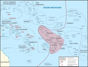 역외 폴리네시아(붉은색)와 폴리네시아 원향(붉은 영역)의 지도