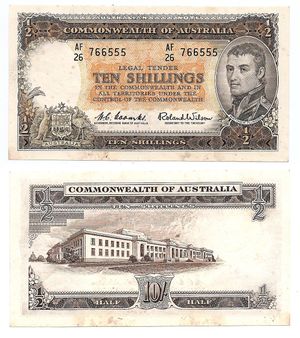 오스트레일리아 10실링 1961–1965 ND 지폐. 앞면: 플린더스의 흉상. 뒷면: 캔버라 국회의사당
