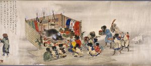 제단에 영혼과 분리된 곰의 육체를 안치하고, 술과 이나우를 바치며 정중하게 기도한다. 이 후, 신령이 깃든 곰의 두개골을 누사산(幣場)에 걸고 성대하게 이나우를 바친다.