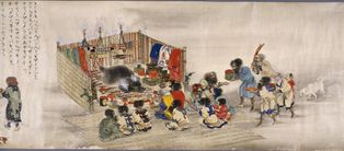 아이누 곰 희생 - 일본 두루마리 그림, 1870년경
