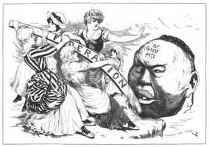 멜버른 펀치의 1888년 정치 만화는 오스트레일리아의 반중국 인종차별주의를 묘사하고 있다.