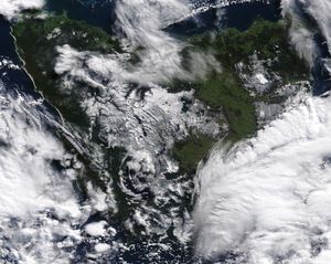 2020년 8월 타스마니아 고지대를 덮고 있는 눈을 보여주는 위성 이미지