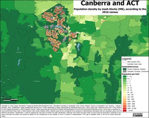 2016년 인구 조사 기준 메시 블록(MB)별 오스트레일리아 수도 준주 인구 밀도