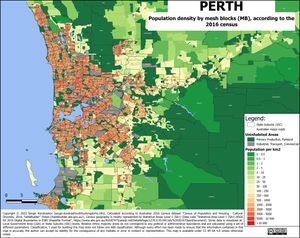 2016년 인구조사에 따른 퍼스의 메시 블록(MB)별 인구 밀도