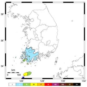 2021년 서귀포 해역 지진 당시 대한민국 각지에서 관측한 진도를 그린 지도. 로마자로 표기하는 수정 메르칼리 진도 계급 기준이다.