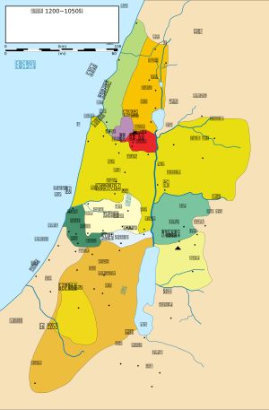 열두 지파의 땅. 시므온 지파의 영토가 노란색으로 그려져 있다.