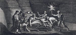 1770년 마스트리흐트 석회암 채석장에서 발견된 "홍수 이전의 괴물", 모사사우르스(당시 판화)