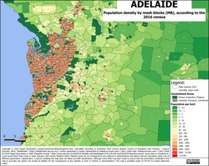 2016년 인구조사 기준, 메시 블록(MB)별 애들레이드 인구 밀도