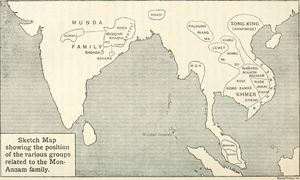 영국 언어학자 월터 스키트와 찰스 블래그든이 1906년에 분석한 오스트로아시아어족(이전에는 몬-안남어족으로 알려짐) 지도. 베트남어는 안남어로 표시됨.