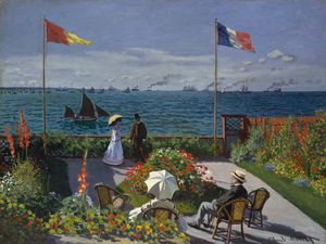 클로드 모네의 Jardin à Sainte-Adresse, 1867, 메트로폴리탄 미술관. 일본 판화의 영향을 보여주는 작품