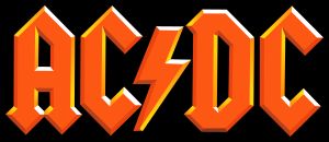오렌지색 글씨로 된 AC/DC 로고. AC와 DC는 스타일리쉬한 번개 모양으로 구분되어 있다.