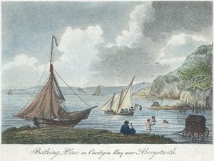 웨일스 근처 카디건 만(Cardigan Bay)의 해수욕장, 1800년경. 여러 대의 해수욕용 이동 목욕탕(bathing machine)이 보인다.