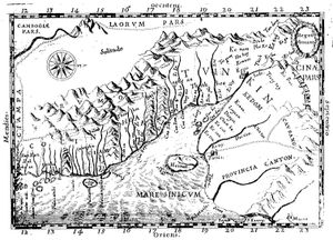 알렉상드르 드 로드가 작성한 "Annam" 지도(1651)로 "Cocincina"(왼쪽)와 "Tunkin"(오른쪽)을 보여준다.