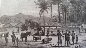 1876년 마니예마 정착지. 이곳의 병력이 본토에서 건너와 스탠리 폭포 주둔지를 공격했습니다.