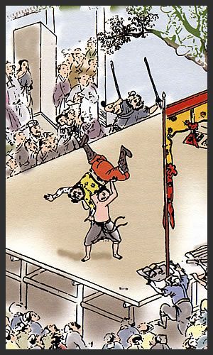 고대 중국의 뢰타이 경기에서 상대를 던지려고 준비하는 중국 무술가