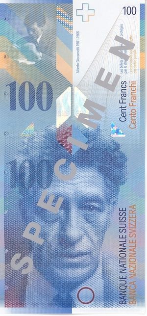 100스위스 프랑(Swiss Franc) 지폐에 그려진 자코메티의 초상