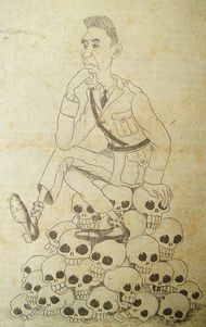 1940년대 마르티네스가 해골 더미 위에 앉아 있는 풍자화