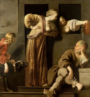 네덜란드 황금기 화가 레이어르 판 블론멘다엘(Reyer Jacobsz. van Blommendael)의 「소크라테스, 그의 두 아내와 알키비아데스」