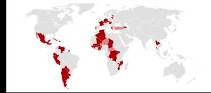 국가별 저항권 (진한 빨강: 현행, 연한 빨강: 과거)