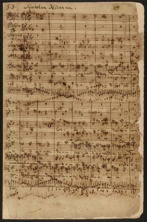 테너로 시작하는 그레고리오 성가 Credo로 시작하는 니케아 신경 첫 페이지의 자필 악보.