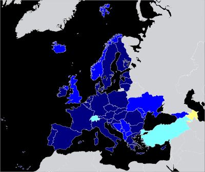 유로컨트롤 회원 간 조직 가입 중첩 – 유로컨트롤 회원은 파란색 계열로 표시.